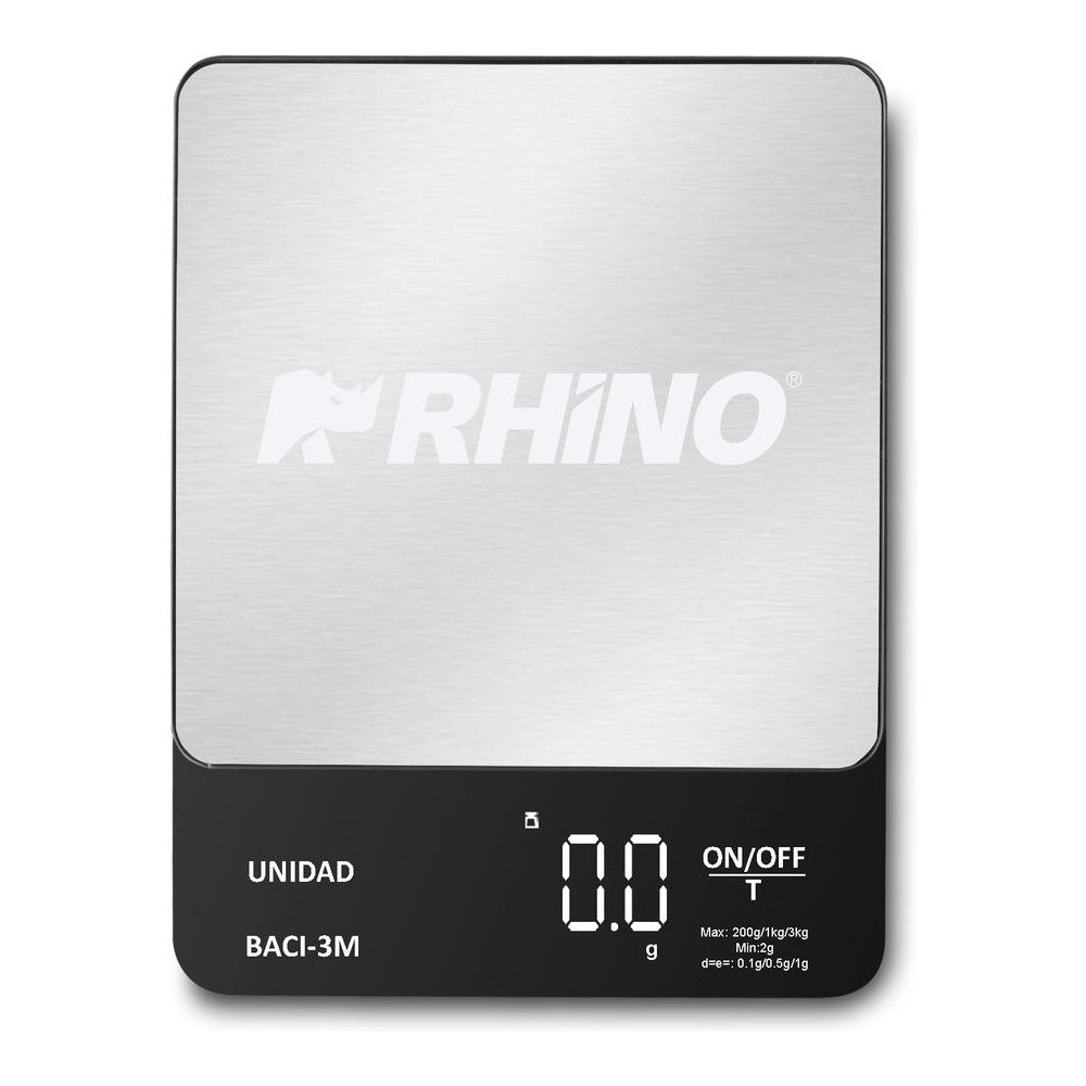 BÁSCULA RHINO BACI-3M | Báscula Digital de Precisión | Capacidad 200 g a 3 kg | Precisión 0.1 g | Plato de Acero Inoxidable | Repostería Joyería Laboratorio
