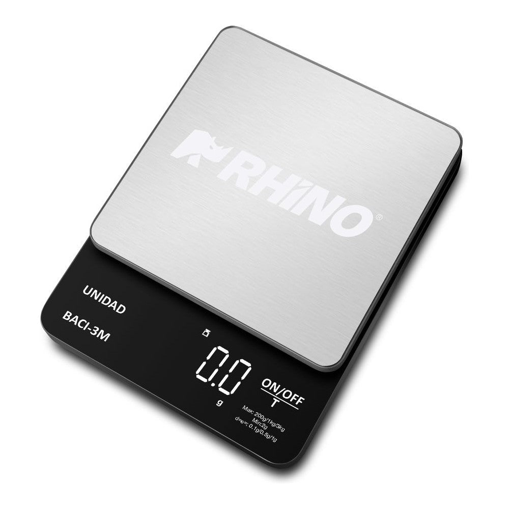 BÁSCULA RHINO BACI-3M | Báscula Digital de Precisión | Capacidad 200 g a 3 kg | Precisión 0.1 g | Plato de Acero Inoxidable | Repostería Joyería Laboratorio