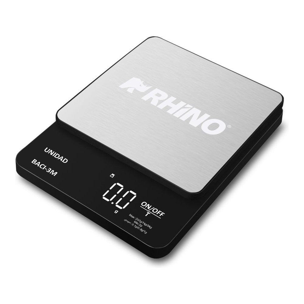 BÁSCULA RHINO BACI-3M | Báscula Digital de Precisión | Capacidad 200 g a 3 kg | Precisión 0.1 g | Plato de Acero Inoxidable | Repostería Joyería Laboratorio