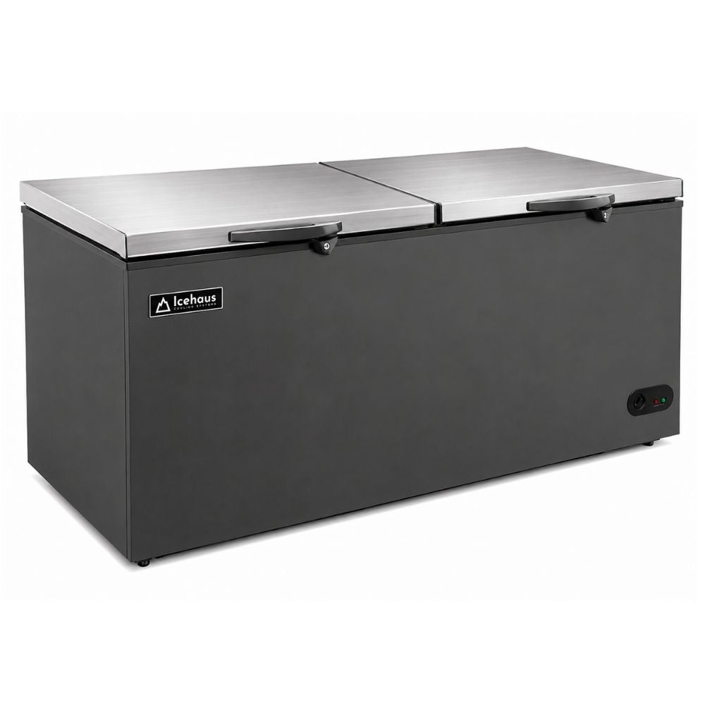 CONGELADOR ICEHAUS CTC -24 – SS-G | Congelador y Refrigerador Horizontal Gris | 2 Tapas de Cofre | 24 Pies Cúbicos | Pescadería Heladería Carnicería