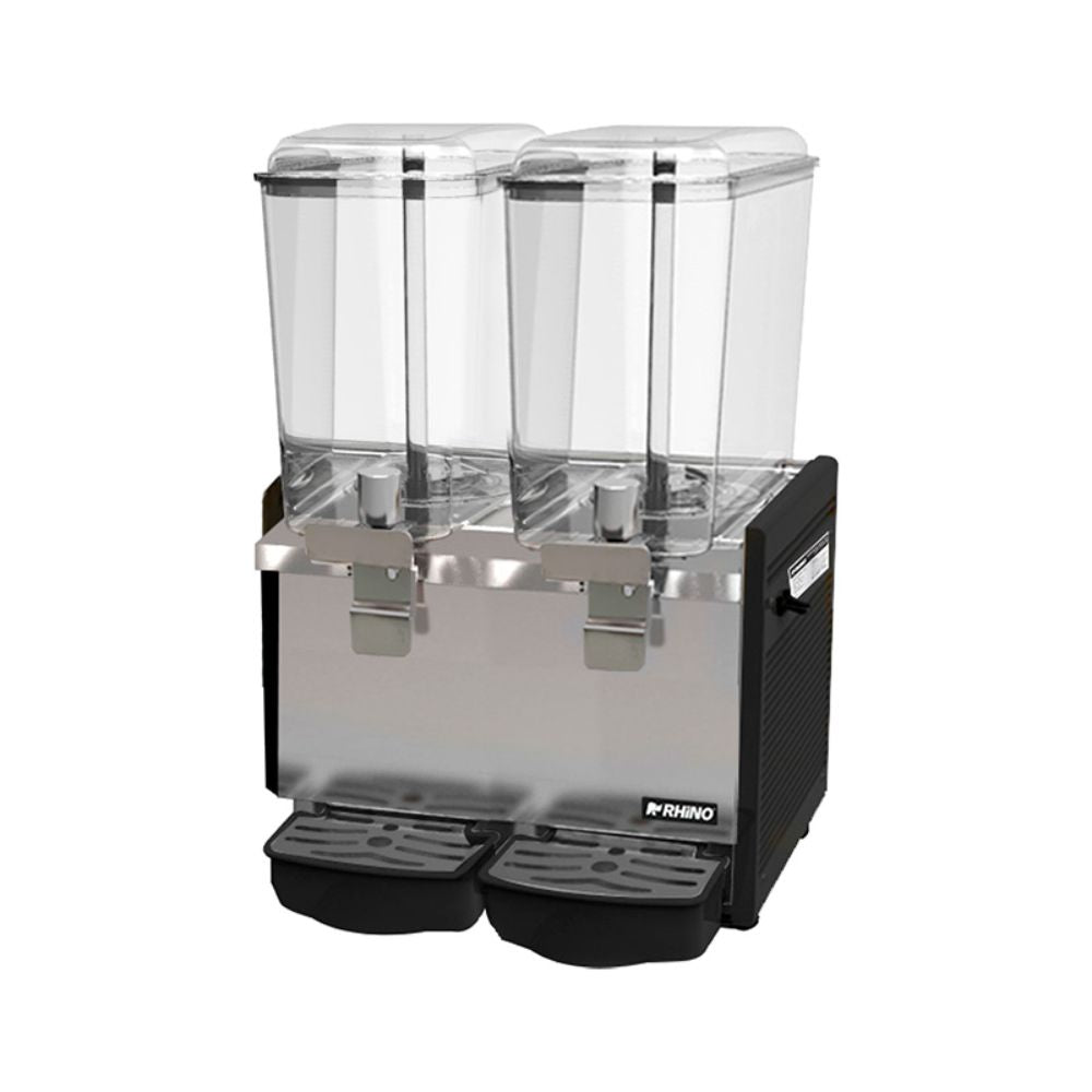 DISPENSADOR RHINO DISBEF-2T | Dispensador de Bebidas Frías | 2 Tanques 18 Litros C/U | Policarbonato | Tienda de Autoservicio Cine Cafetería