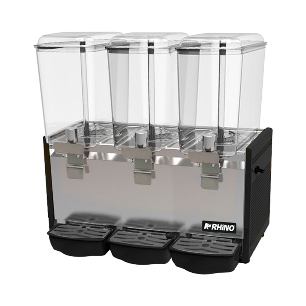 DISPENSADOR RHINO DISBEF-3T | Dispensador de Bebidas Frías | 3 Tanques | 18 Litros C/U | Policarbonato | Tienda de Autoservicio Cine Cafetería