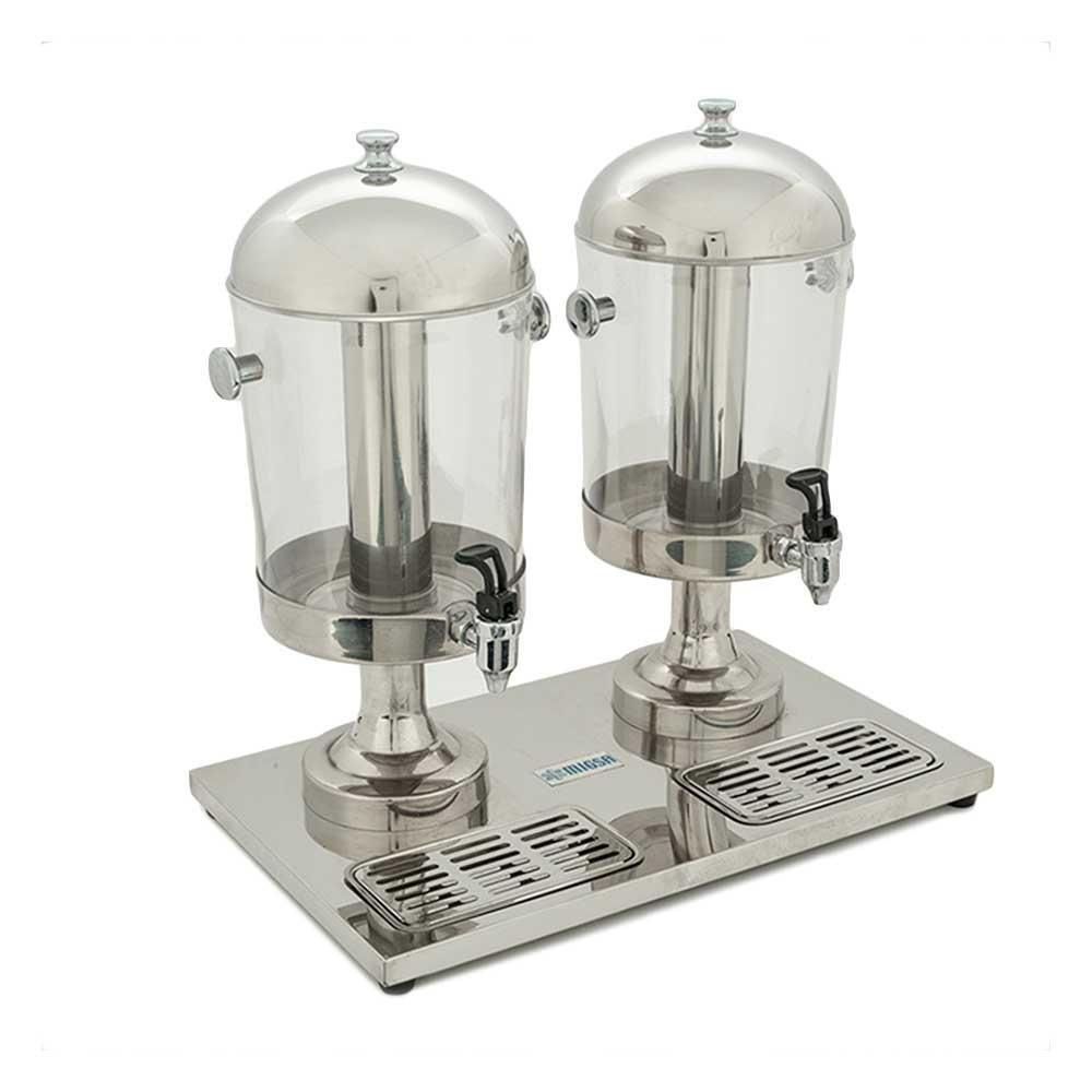 DESPACHADOR DE JUGOS MIGSA ZCF302B | Despachador de Jugos Charola de Residuos 2 Tanques 8 Litros c/u | Tubo Intermedio para Hielo Independiente | Acero Inoxidable y Acrílico | Cafetería Bistro Desayunador