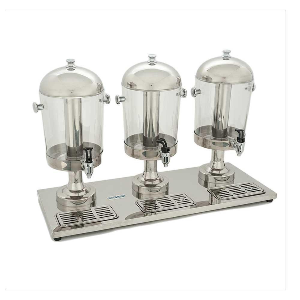 DESPACHADOR DE JUGOS MIGSA ZCF303B | Despachador de Jugos Charola de Residuos 3 Tanques 8 Litros c/u | Tubo Intermedio para Hielo Independiente | Acero Inoxidable y Acrílico | Desayunador Cafetería Restaurante