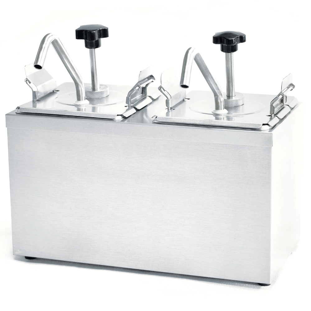 DISPENSADOR DE CONDIMENTOS MIGSA JZF-2 | Dispensador de Condimentos con Bomba 2 Insertos 2.2 Litros c/u | Acero Inoxidable | Comedores Restaurantes Bares