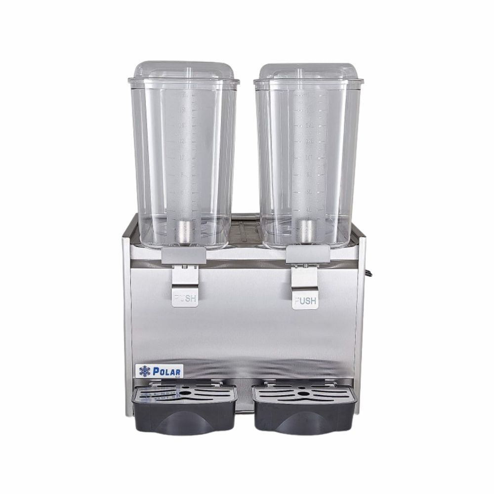 DESPACHADOR DE BEBIDAS POLAR DB-18X2 | Despachador de Bebidas Bandeja Evita Escurrimientos 2 Tanques 18 Litros c/u | Enfría Bebidas a 5°C | Acero Inoxidable | Restaurantes Cafeterías Bar