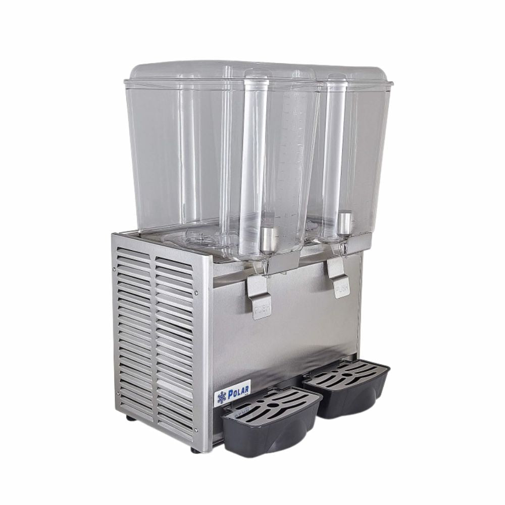 DESPACHADOR DE BEBIDAS POLAR DB-18X2 | Despachador de Bebidas Bandeja Evita Escurrimientos 2 Tanques 18 Litros c/u | Enfría Bebidas a 5°C | Acero Inoxidable | Restaurantes Cafeterías Bar