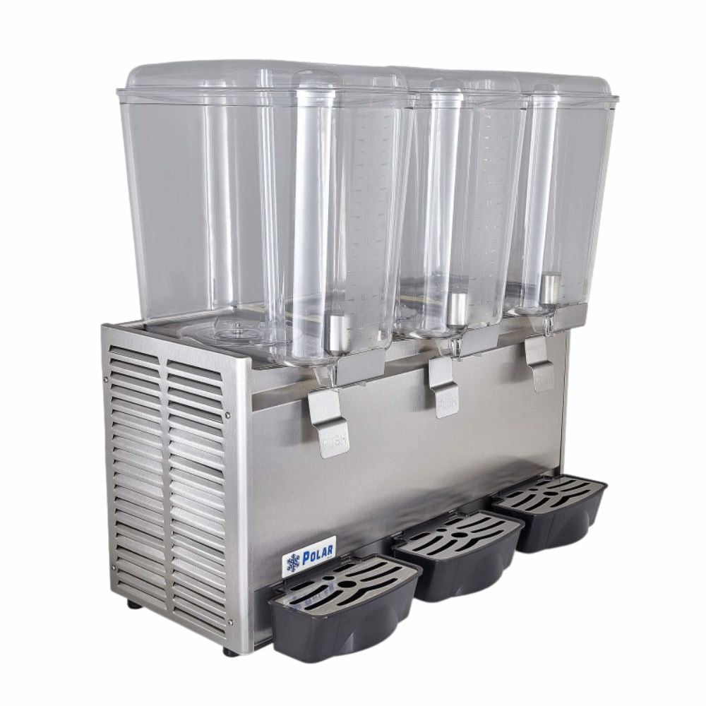 DESPACHADOR DE BEBIDAS POLAR DB-18X3 | Despachador de Bebidas Bandeja Evita Escurrimientos 3 Tanques 18 Litros c/u | Enfría Bebidas a 5°C | Acero Inoxidable | Cafetería Bistro Desayunador
