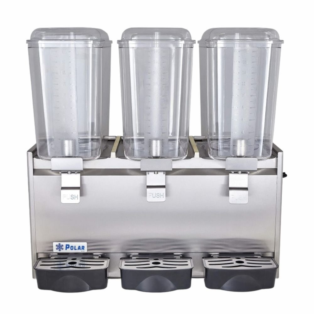 DESPACHADOR DE BEBIDAS POLAR DB-18X3 | Despachador de Bebidas Bandeja Evita Escurrimientos 3 Tanques 18 Litros c/u | Enfría Bebidas a 5°C | Acero Inoxidable | Cafetería Bistro Desayunador