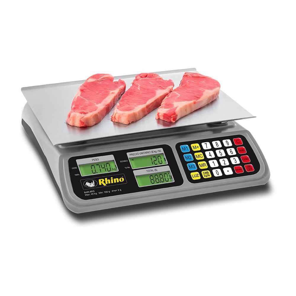 BÁSCULA RHINO BAR-8RS | Báscula de Mostrador | 40 Kg | Plato Acero Inoxidable | Tianguis Restaurante Carnicería